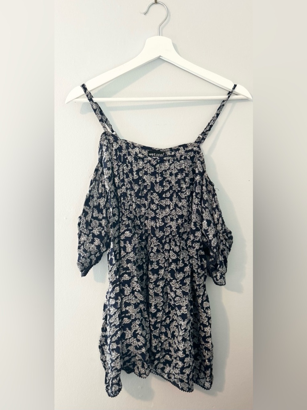 Navy Floral Cold-Shoulder Babydoll Boho Flowy Dress